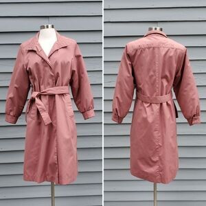 Vintage 80s Retro Dusty Rose Pink Belted Plaid Tweed Lined Midi Trench Coat‎ Md